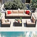 Vongrasig 7 Pieces Patio Furniture Sets, Outdoor Patio Conversation Set PE Rattan Wicker Sectional Sofa Couch with Glass Coffee Table for Garden, Poolside, Backyard, Beige