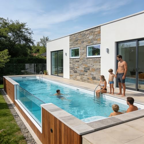 Prefabricated Pool, Above Ground Modular Plunge Pool with Water Jets and Entry Steps, Great for Villa, Backyard, Terrace and Outdoor Gatherings