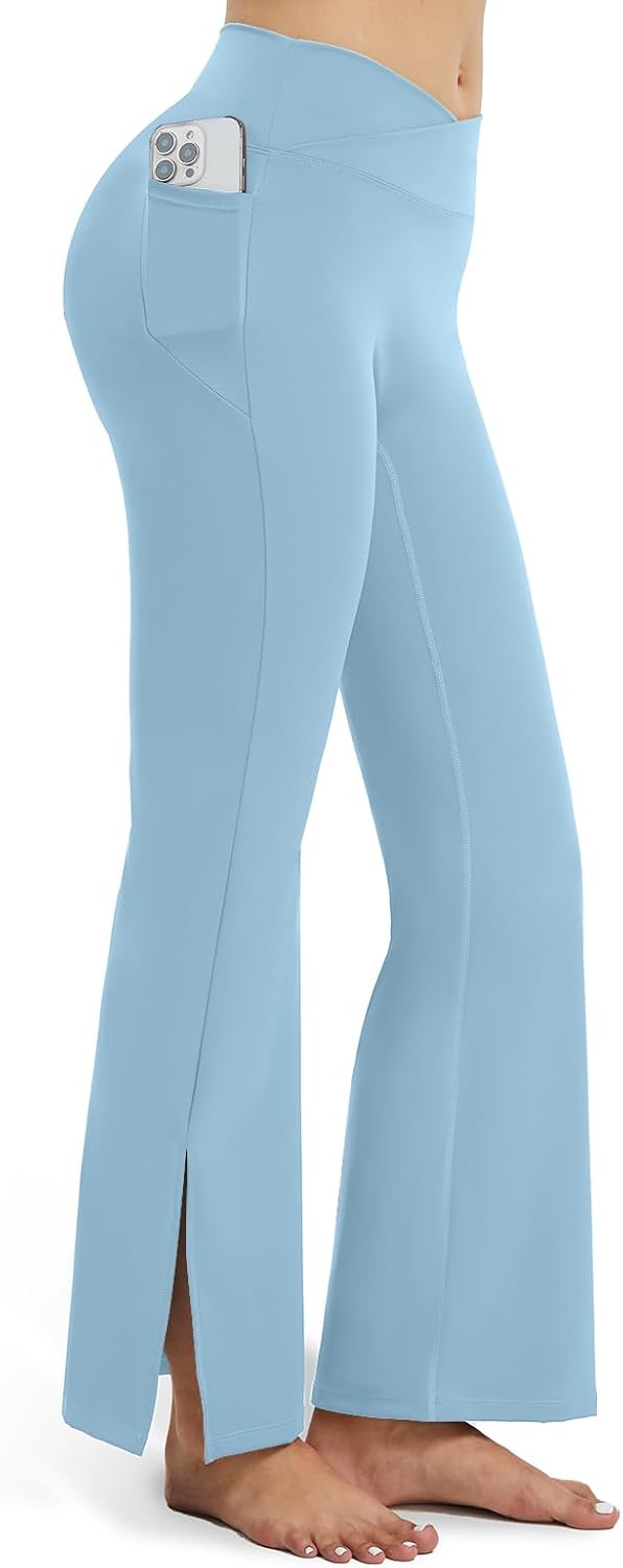 Women's Side Split Wide Leg Yoga Leggings - High Waisted Crossover Stretchy Flare Yoga Pants