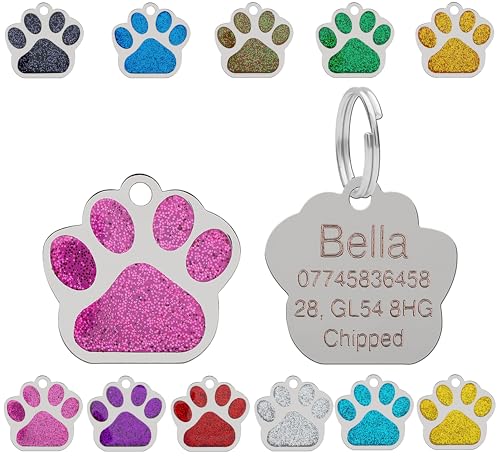 Dog Cat Pet Tag ID Collar Tags Personalised Engraved 27mm Glitter Paw Print (Pink)