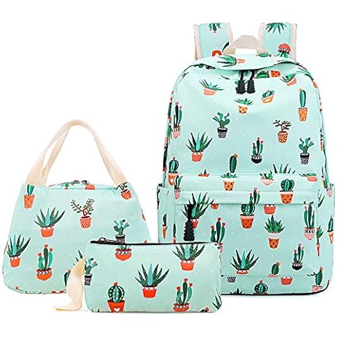 Cactus School Bag 3-in-1 Kids Bookbag Set, Junlion Laptop Backpack Lunch Bag Pencil Case Gift for Teen Girls Womens Cover