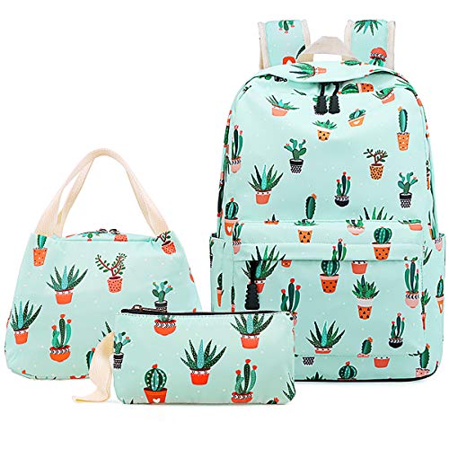 Junlion Cactus Cartable 3-en-1 Enfants Bookbag Ensemble, Sacs à Dos de pour Ordinateur Portable Sac à Déjeuner Boîte à Crayon pour Adolescentes Femmes