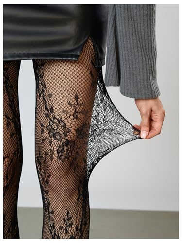 Image of RoseSeek Women's Floral Lace Fishnet Tights Kawaii Y2K See Through Stocking | Sheer Mesh, Lace Tights, Floral Lace Fishnet Tights, Thigh Highs, Leggings, Y2K Stockings