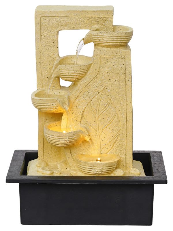Image of Polyresin Table Top Stylish Leaf Print 4 Diya Steps Indoor Water Fountain for Home Decor with LED Light & Speed Controller Pump (Size: 40 x 29.5 x 22CM | Colour: Cream | Weight: 2250 gram)