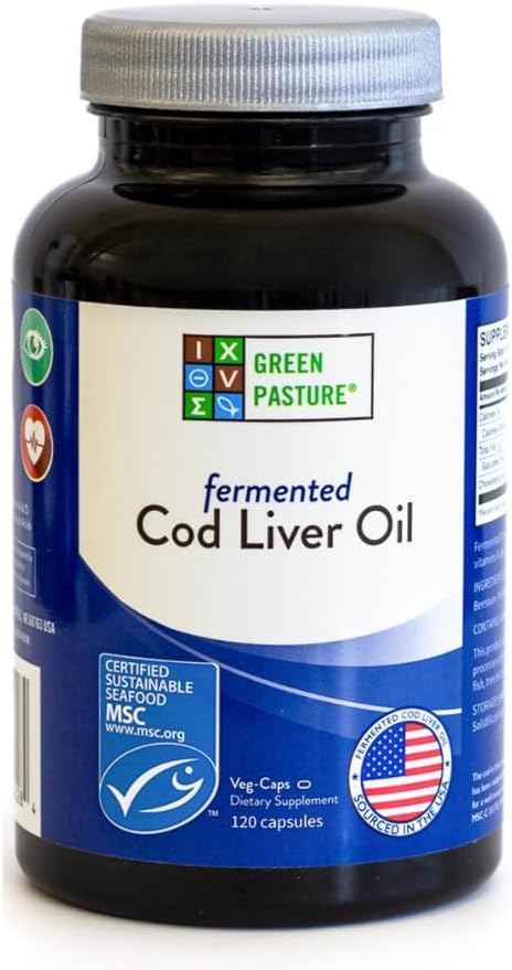 Fermented Cod Liver Oil Capsules - Wild Alaska Cod, Vitamins A & D, Omega-3, Non-Gelatin 120 Count