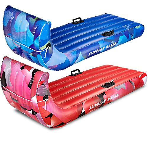 Slippery Racer Giant Inflatable Toboggan Snow Sled for Adults and Kids, Durable Heavy Duty, 2 Pack Red and Blue, 60