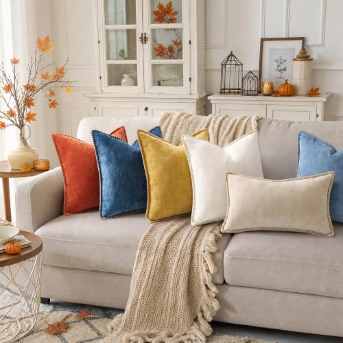 Image of decorUhome Fall Chenille Soft Cozy Throw Pillow Covers 22x22 Set of 2, Modern Farmhouse Boho Velvet Decorative Euro Sham Pillow Cases with Stitched Edge for Couch Sofa Bed Home Decor, Rust