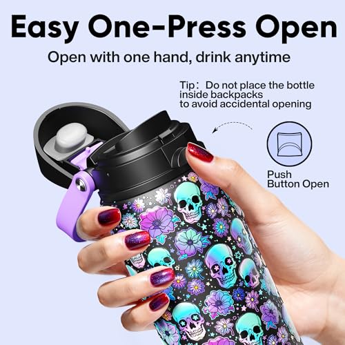 Image of Insulated Water Bottle with Straw - Encool Stainless Steel Water Bottle with Push Button Lid, Leak-Proof & BPA-Free, Keeps Cold for 24 Hours for Sports, Travel, Gym (32 oz, Floral Afterlife)
