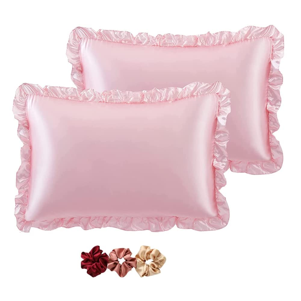 Lc Satin Silk Pillow Covers for Hair and Skin-with Satin Scrunchies for Women Stylish,Satin Pillow Covers for Hair and Skin 2pack,Silk Scrunchies for Women 3pack,Silk Pillow Case (Pink)