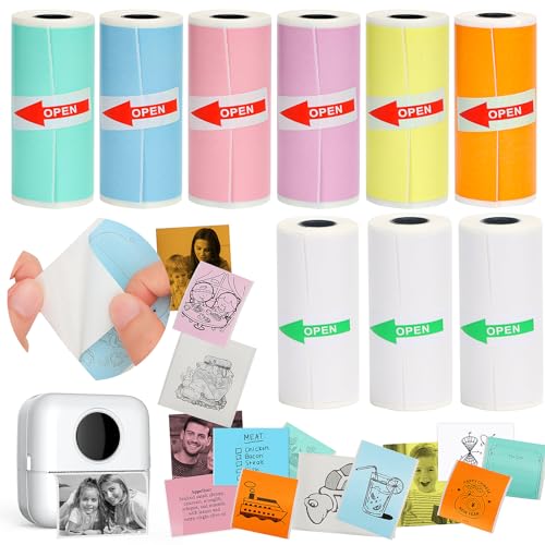 Image of HuiJuKeJi 9 Rolls Mini Printer Sticker Paper,Thermal Self-Adhesive Paper 57 * 25mm,3 Rolls of White &6 Rolls of Colour Paper for Pocket Inkless Portable Bluetooth Printer to Print Photo,Note