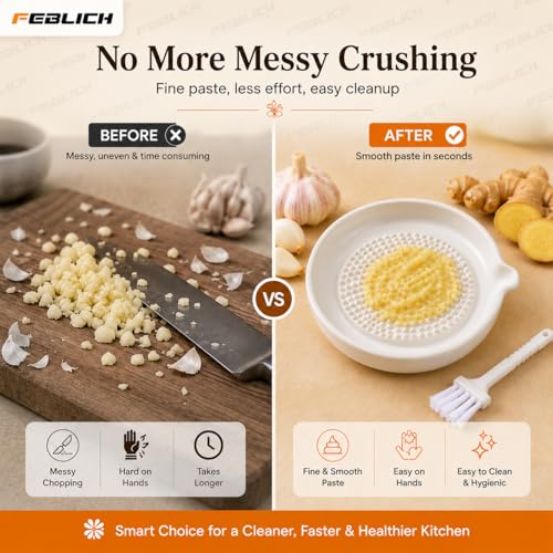 Image of Ceramic Garlic Grater Plate with Brush Manual Crusher Grinder Tool for Ginger, Garlic, Turmeric, Nutmeg, Fruits & Vegetables Durable, Easy to Clean, Non-Slip Kitchen Utensil (Medium)
