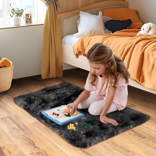 Small Area Rug, 2x3 Rug for Bedroom Shaggy Throw Rugs for Dorm Rug, Soft Tie Dyed Carpet for Kids Room, Plush Comfy Fluffy Bedside Rug for Home Decor Aesthetic, Dark Grey