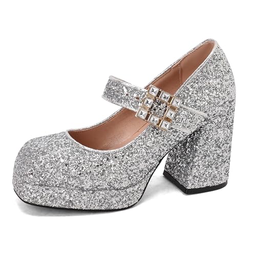 Bviennic Women Block Heel Mary Janes Round Toe Glitter Platform Fashion Party Wedding Bridal Heels Silver Size 8 US/40