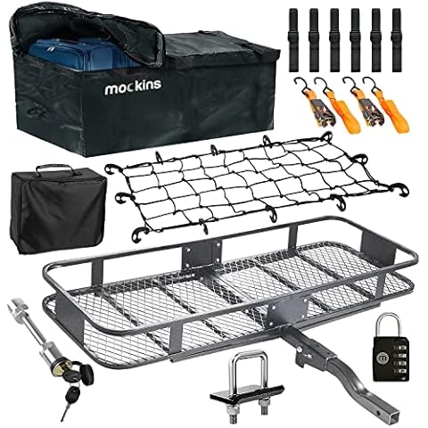 Mockins 60x20x6 Folding Cargo Carrier Hitch Mount Steel Cargo Basket |500lb Capacity Hitch Mount Cargo Carrier | Trailer Hitch Cargo Carrier with Waterproof Cargo Bag and Net| Hitch Rack Cargo Trailer Cover