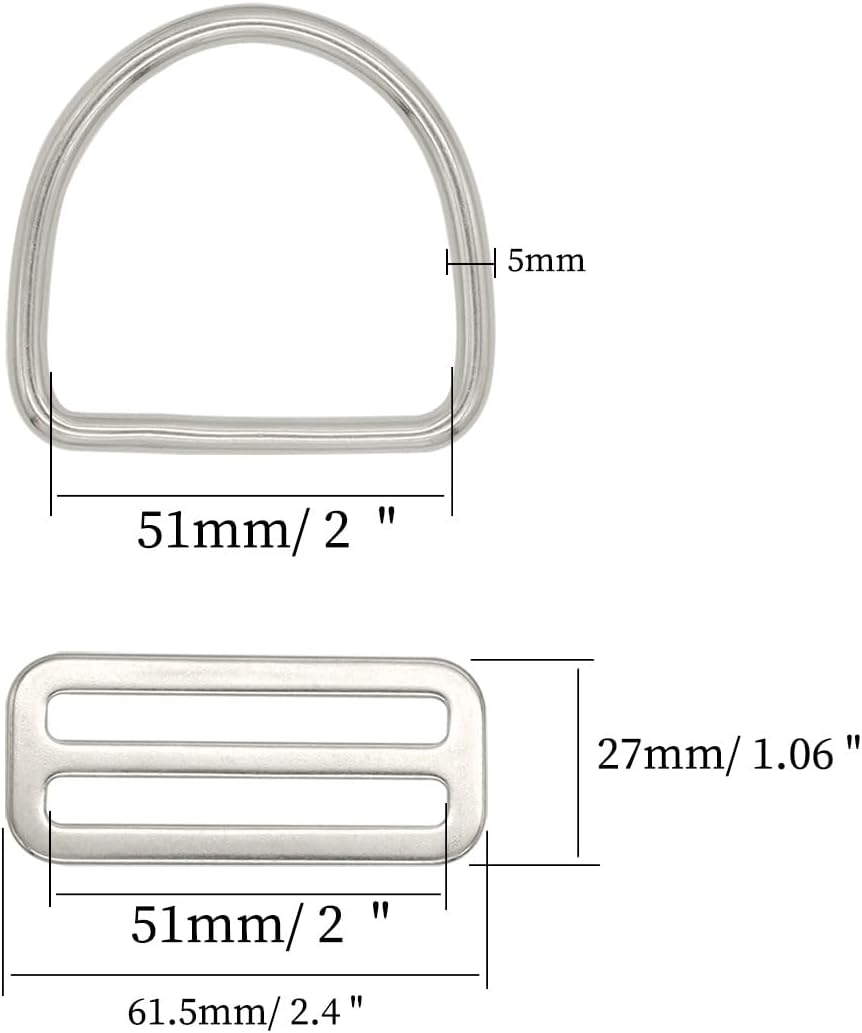 4Pcs 2 Inch Stainless Steel Slide Buckle Adjuster Sliders, 4Pcs 2 Inch Stainless Steel Welded D Rings, Adjustable Metal Webbing Strap Buckle Fasteners - Image 2