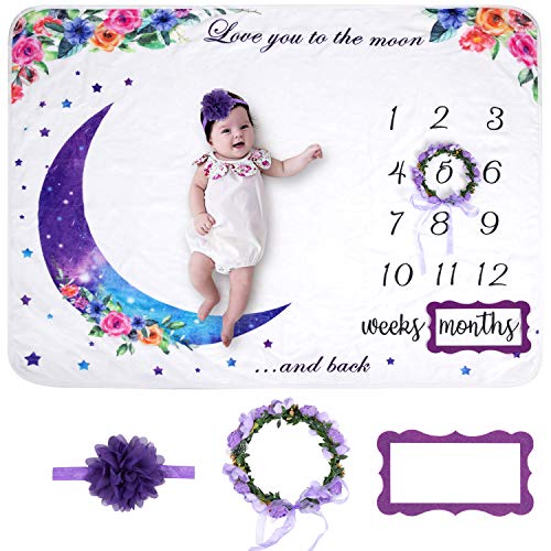 Image of Baby Monthly Milestone Blanket | Premium Purple Floral Wreath Month Marker & Cute Headband | Extra Soft Fleece Baby Photo Blankets for Newborn 1-12 Months for Baby Girl