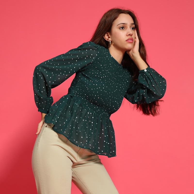 Image of oxolloxo Women Round Neck Long Sleeve Smocked Peplum Top