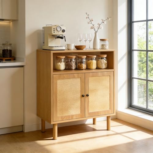 La Mejor Selección de Gabinetes para Cocina Pequeña los más recomendados. 44 KINTOP Alacenas para Cocina, Dos Puertas de Ratán, Credenza con Nivel Abierto+ Compartimento Cerrado, Muebles para Cocina y Comedor, Armario de Almacenamiento de Tablero de...