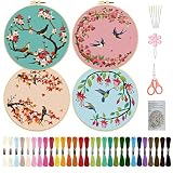 ORIGACH 4 Pcs Spring Bird and Flower Embroidery Starters Kit for Beginners, Cherry Blossom Hummingbi