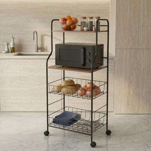Image of Lukzer 4-Tier Kitchen Storage Rack & Microwave Oven Stand with Wheels Engineered Wood Shelf & Metal Wire Basket Rolling Cart for Kitchen Pantry & Home Organizer (Black & Oak Brown /41x56x126cm) CH-092