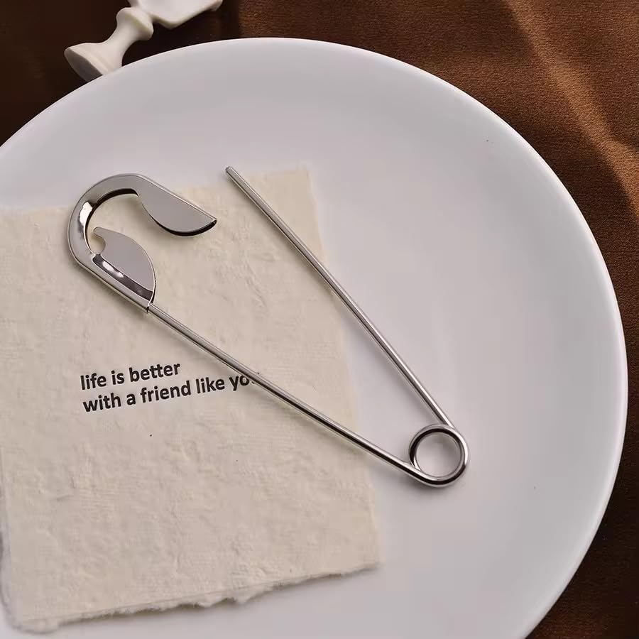 Image of Oversized Safety Pin Hair Clip, Silver, Bun Holder, Minimalist Style, Korean Aesthetic