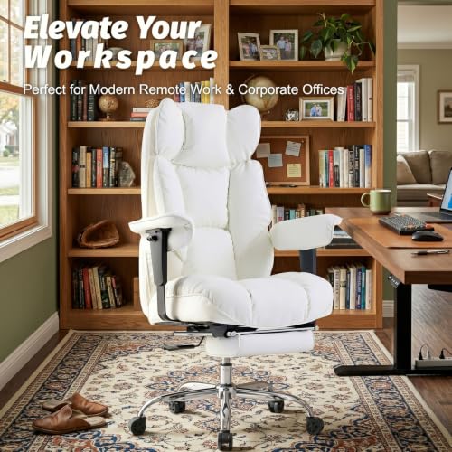 Image of Efomao Executive Office Chair 400lbs,White Big and Tall Desk Chair | Mattress-grade pocket spring cushion, sleek leather, 135 recline & footrest for computer gaming setup.