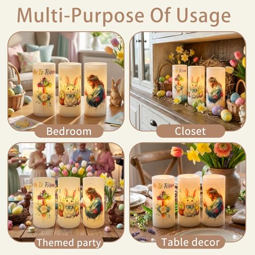 Image of 3PCS Nativity Easter Flameless Candles with Remote | Christian Cross Bunny LED Candles for Spring Easter Home Decor Hoster Gift