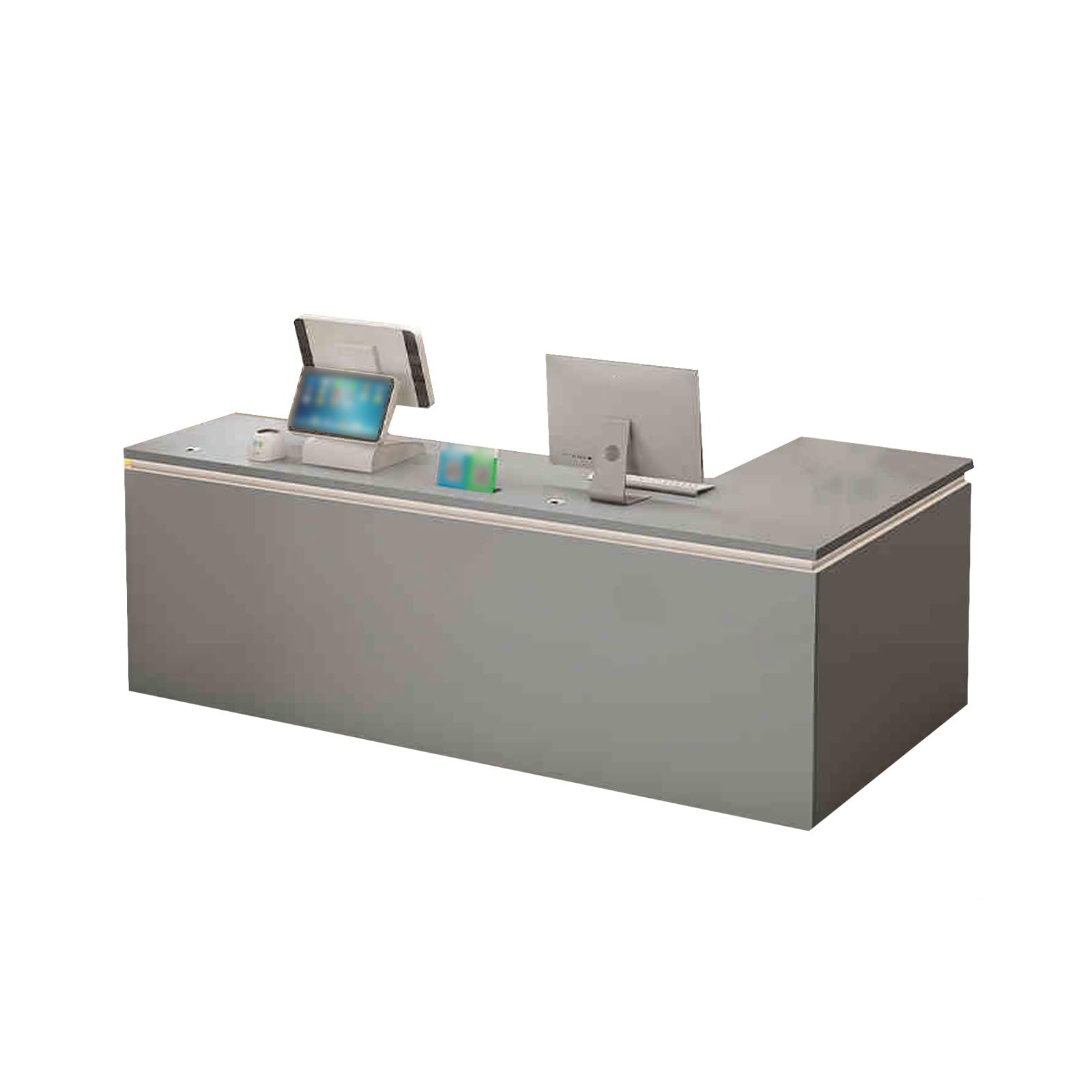 Szara mała recepcja do biura i handlu detalicznego - zamykana szuflada przednia licznik do sklepów odzieżowych, kawiarni i małych firm - 120 cm design z lewej strony nowoczesne meble do pracy