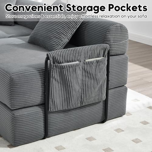 Image of L-Shape Modular Sectional Sofa Bed, Corduroy Boneless Couch, Grey