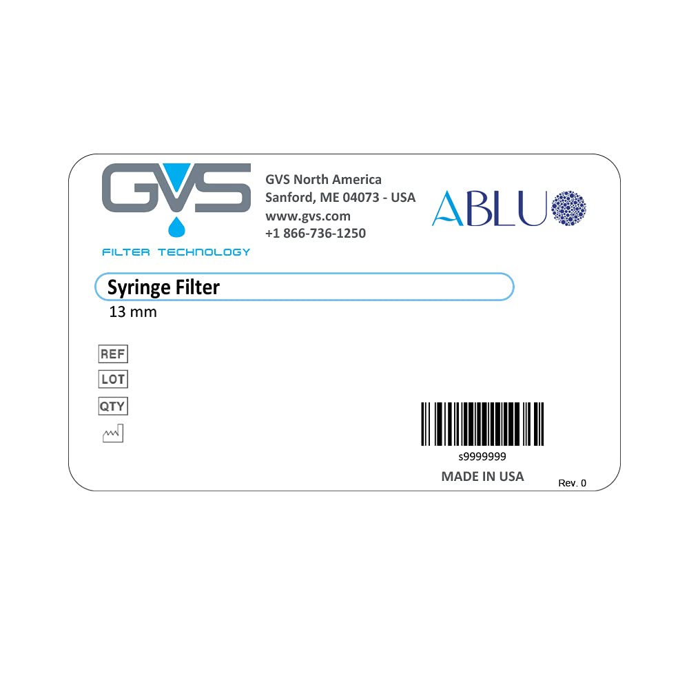 GVS Filter Technology, Filtro de jeringa, ABLUO, 13mm, Membrana PTFE, 0.22µm, alojamiento PP, 100/pc