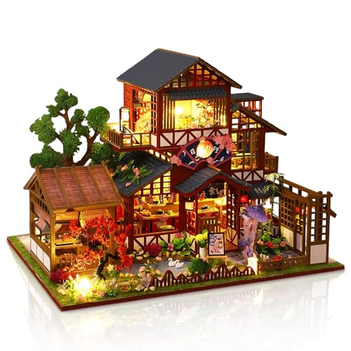 Cuteefun Casa de Muñecas en Miniatura con Luz LED, Modelos de Madera Hechos a Mano, ¡Construye la Casa de Tus Sueños, Cumpleaños y Navidad (Casa de Sushi Sakura)