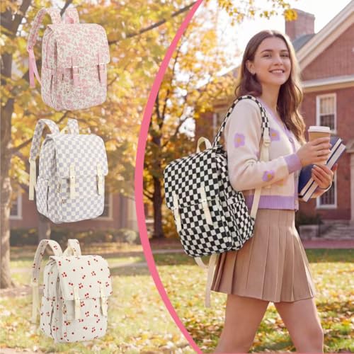 Image of Women Laptop Backpack, Corduroy 15.6 inch Travel Backpack for Work College Business, Teacher Nurse Bag with Large Capacity School Bookbag Bags for Girls - Checkered Black