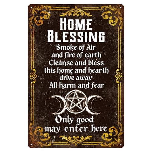 Image of GLOBLELAND Vintage Wiccan Home Blessing Metal Tin Sign 8x12in "Home Blessing" Vintage Painting Tin Signs Wall Poster Plaque for Living Room Meditation Room Entryway Sacred Area Peaceful Corner
