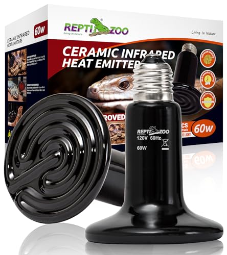 REPTI ZOO 2Pack Ceramic Heat Emitter 60W Reptile Heat Lamp Night Heat Lamp Bulbs Reptile Terrarium Heat lamp Tank Heat Bulb for Turtle Bearded Dragon Gecko Lizard Snake Chicken E26