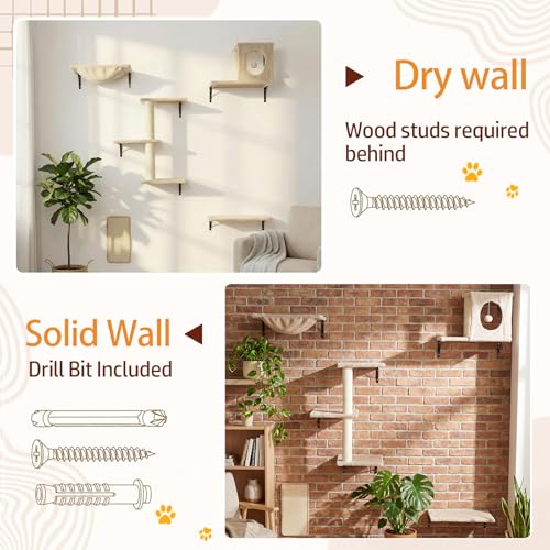 Kit de Muebles de Pared para Gatos con Rascador y Estantes Beige miniatura 6