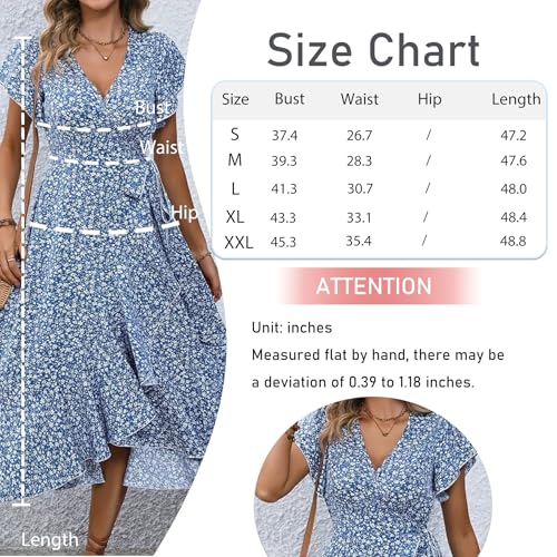 Image of Summer Dresses V Neck Short Sleeve Floral Midi Dress with Tie Waist Ruffled Boho Casual Dress for Beach Vacation
