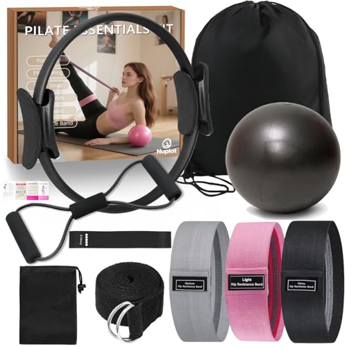 Nuplot Pilates Equipment, Pilates Kit for Home Workouts, Pilates Essentials Kit for Women, Home Pilates Kit with Pilates Ring and Ball Set, Booty Bands, Figure 8 Resistance Band, Yoga Band (Black) by Nuplot - Used condition - US$18.47