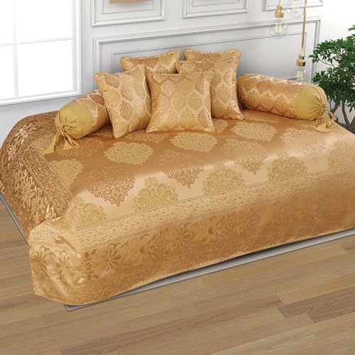 Image of Victor Premium Poly Cotton 8-Piece Diwan Set | 1 Bedcover, 2 Bolsters & 5 Cushion Covers | Soft, Durable & Washable | Elegant Mustard Diwan Set for Bedroom, Living Room & Sofa | Ideal Wedding Gift