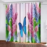 ANAZOZ Cortina Habitación con Ojales,2 x 102W x 214H CM,2 Paneles Cortina Blackout Termica Patrón de Flores y Mariposa Cortinas Cocina Ventana Rosa Azul Verde