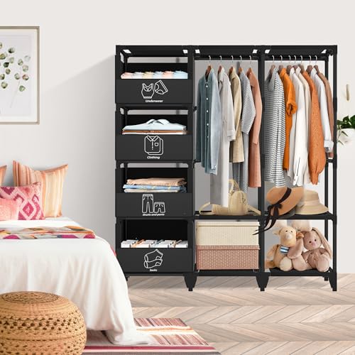 Portable Closet, Easy Assembly, Large Capacity Wardrobe Closet, Sturdy and Stable Clothes Rack with Shelves 4 Storage Baskets and 2 Hanging Rods, for Bedroom and Cloakroom Black - Image 3