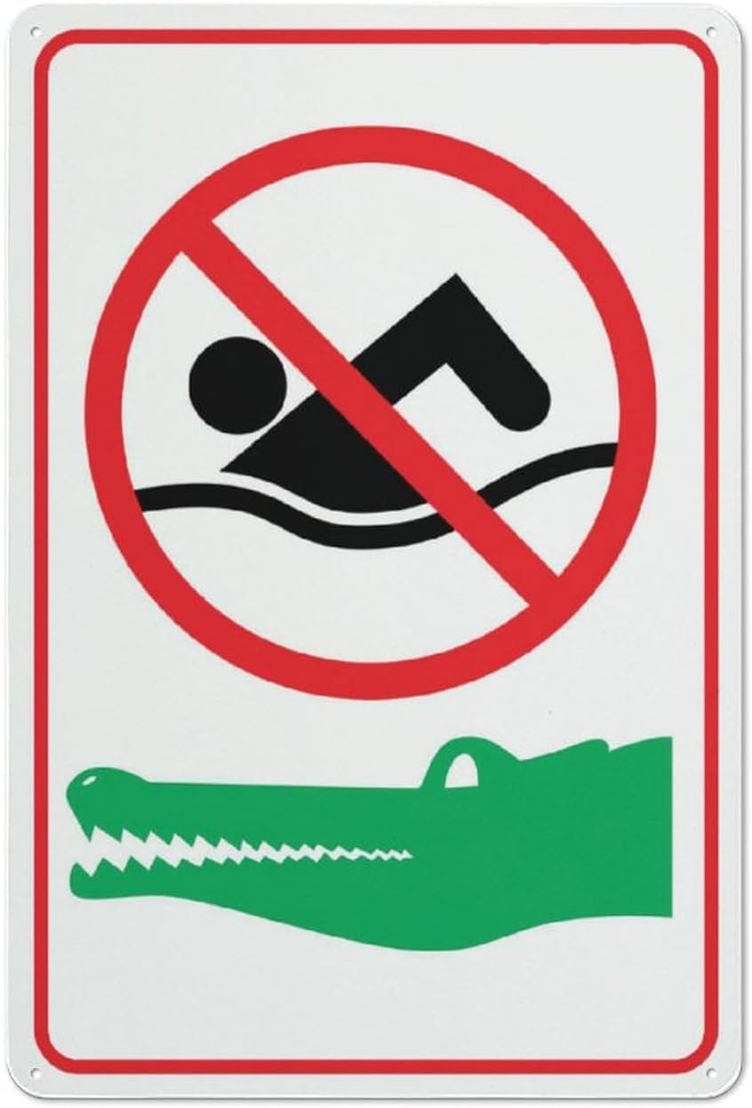 No Swimming Crocodiles Rust Free Aluminum Sign - UV Printed, Weatherproof Decor with Pre-Drilled Holes for Home, Lake Property - 12x8 Inch​