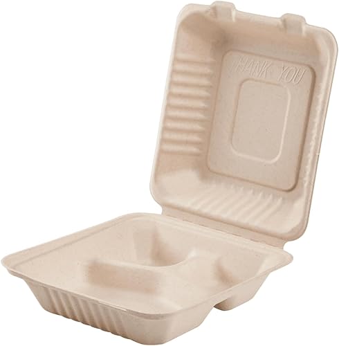 Miniatura 13 de KARAT EARTH Clamshell - Recipientes de alimentos para llevar [9 x 9 pulgadas, 200 unidades] 3 compartimentos Contenedores compostables
