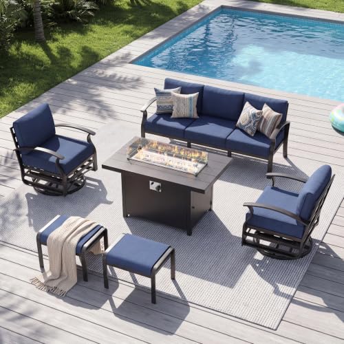 Image of Aluminum Patio Furniture Set with Fire Pit Table, 7 Seats Outdoor Patio Conversation Sets with Swivel Chairs, Modern Metal Sectional Sofa with Upgrade Cushions for Patio, Backyard, Deck - Blue