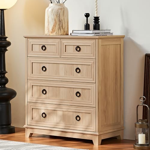 Image of Joaxswe Farmhouse 5 Drawer Dresser for Bedroom, 33.2" Tall Small Dressers & Chest of Drawers, Rustic Wood Dresser with Metal Handle, Storage Organizer Closet for Living Room, Hallway, Entryway