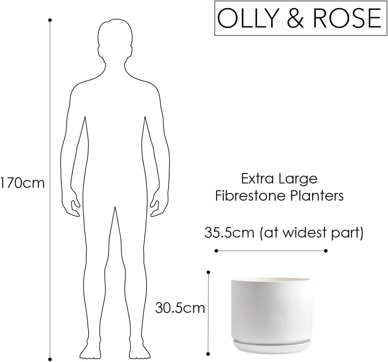 Olly & Rose Large Matt White Flower Pot Tall Planter 35.5cm Extra Large Fibre Planter with Saucer - Large Indoor and Outdoor Plant Pot