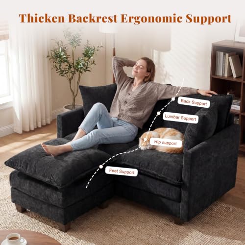 Image of 50'' Loveseat Sofa Set with Ottoman, Small Couch Set 2 Piece Cloud Love Seat 27 inch Deep Seat Washable Pillows Couches for Small Spaces Apartment Living Room, Black