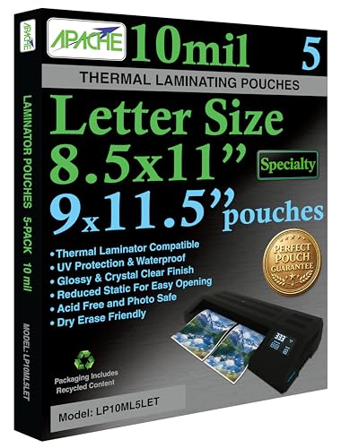 Image of Apache Letter Size Laminating Pouches, 10 Mil, 5 Pack, Seals in 5mil Laminator, Holds 8.5x11 Inch Projects (9x11.5 inch Pouch Size), Thermal Laminating Sheets, Clear, Round Corners, Specialty Line