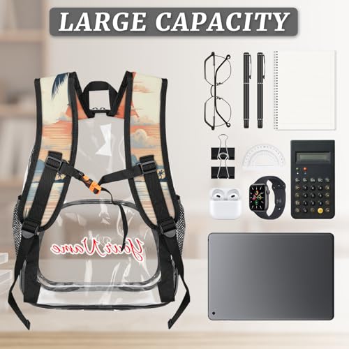 Personalized Large Clear Backpack Stadium Approved Heavy Duty PVC Plastic Custom Transparent Backpacks See Through Bag with Name, Ocean Beach Tropical Palm Leaves3