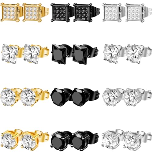 ONESING 12 Pairs Stud Earrings for Men Stainless Steel Mens Earrings Studs Hypoallergenic Cubic Zirconia Earrings for Women Men