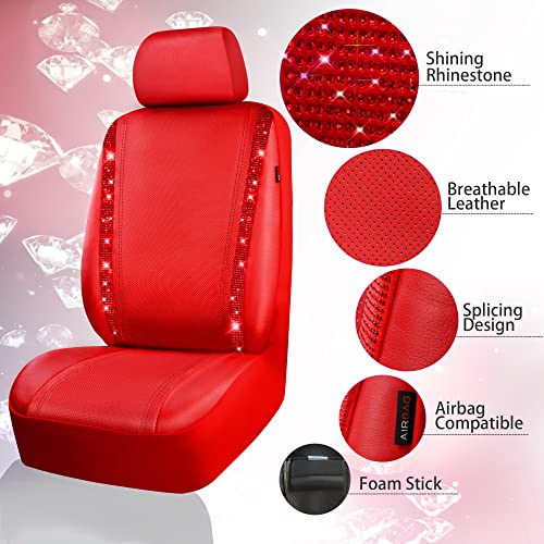 Image of CAR PASS Bling Diamond Car Seat Covers Full Set, Shining Rhinestone Waterproof Faux Leather, Rear with Zipper, Universal Fit Automotive Glitter Crystal Sparkle Strips for Cute Women Girl, Red
